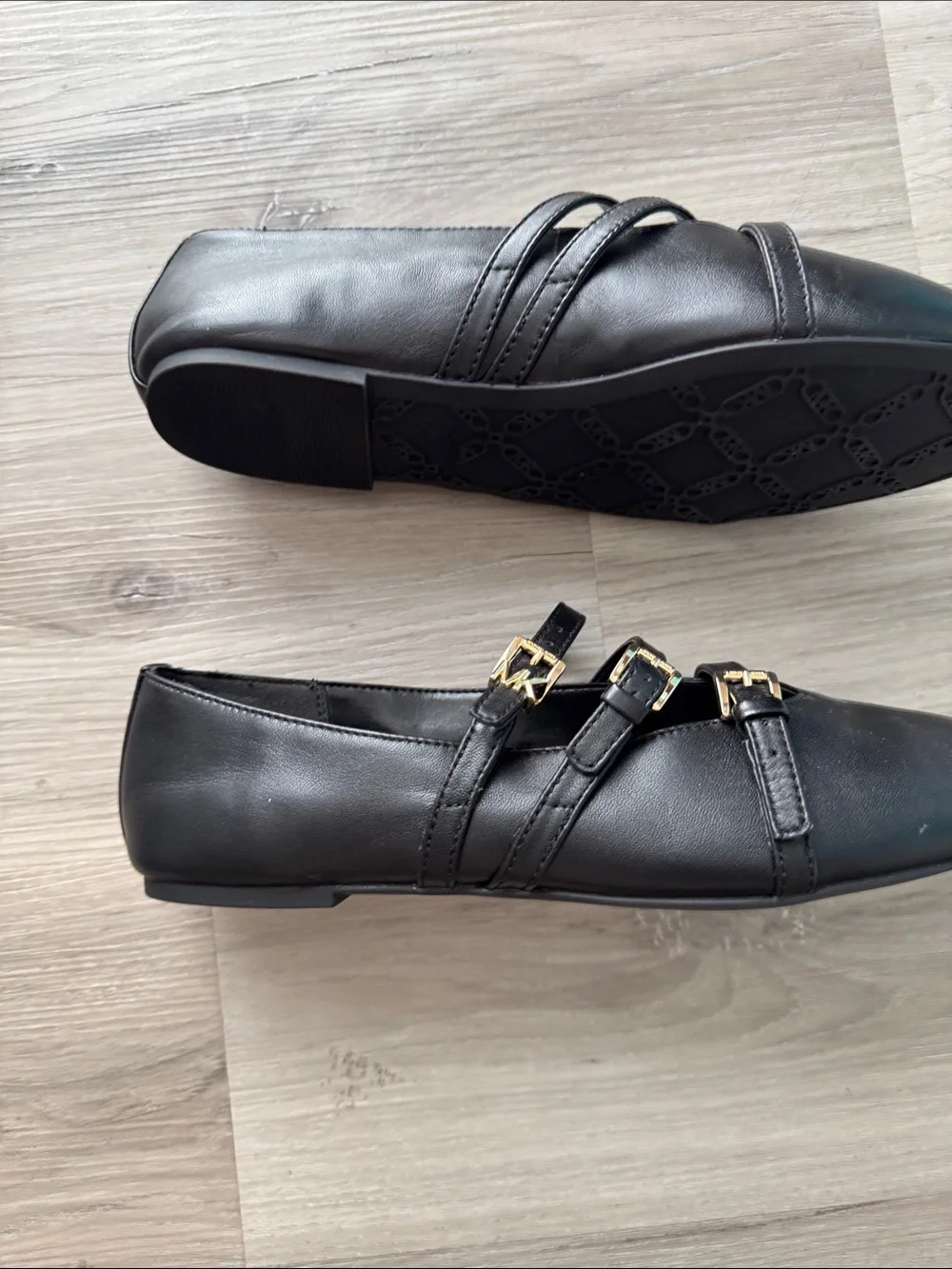 Michael Kors Black Triple-Strap Mary Jane Flats with Gold Buckles